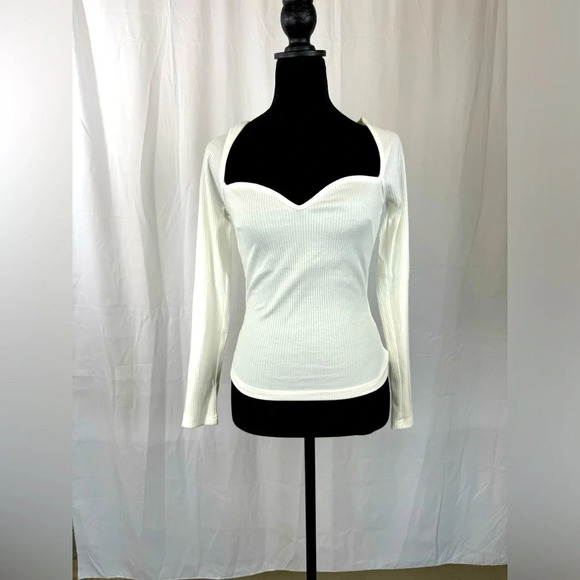 NWT Women Size Large White Ribbed Long Sleeve Square Sweetheart Neck - Picture 1 of 6
